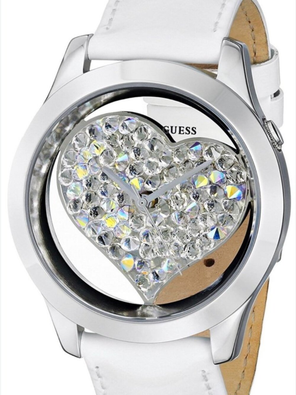 GUESS | Clearly Heart Silver-tone White Patent Leather Band-NEW Battery